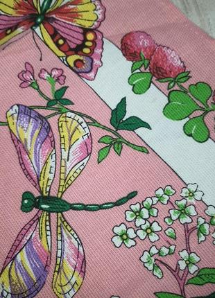 Хлопковое розовое кухонное полотенце в цветы и бабочки5 фото