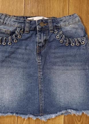Нарядная юбка джинсовая однотонная со шнуровкой denim co для девочки 9-10 лет рост 1405 фото