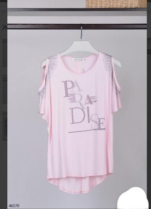 Стильная розовая пудра футболка туника с надписью большой размер батал1 фото