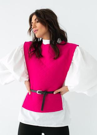 Комплект 3-йка блуза із обʼємними рукавами із жилетом та поясом