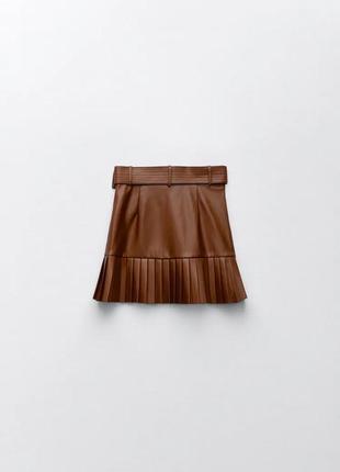 Кожаная коричневая юбка с поясом зара/zara5 фото