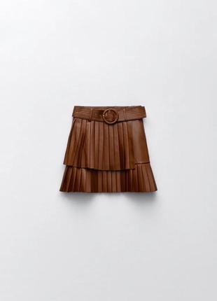 Кожаная коричневая юбка с поясом зара/zara3 фото