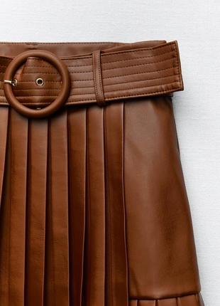 Кожаная коричневая юбка с поясом зара/zara4 фото
