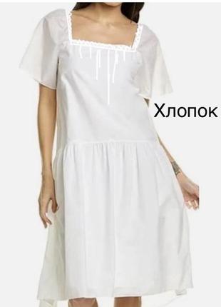 Платье белое хлопковое квадратное декольте сарафан белый - s m