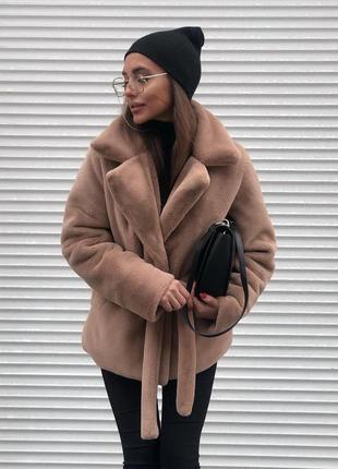 Екошуба mini без капюшона жіноча бежева 65см; розмір  xs