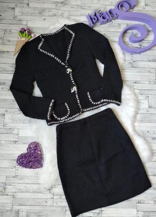 Костюм женский юбка и пиджак черный вязаный классика1 фото