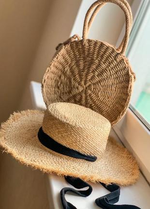 Комплект капелюх жіночий з бахромою і плетена сумочка з рафії