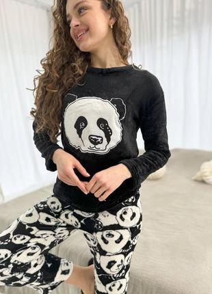 Мягкая пижамка махра с принтом "🐼 панда" женская пижама3 фото
