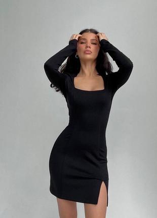 Черное женское мини платье с разрезом🍭