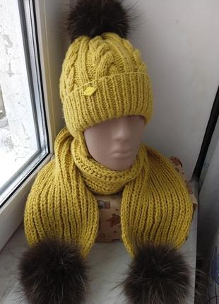 Зимний комплект шапка шарф с натуральным мехом ручная работа1 фото