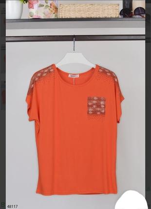 Стильна помаранчева коралова футболка зі стразами великий розмір батал1 фото