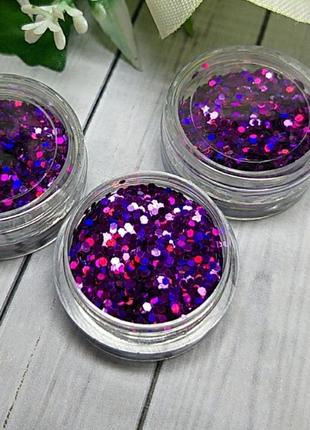 Мелкие соты (чешуя) фиолет, глиттер блестки для дизайна ногтей3 фото