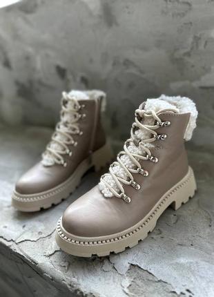 Трендовые ботинки с декоративным мехом, беж, натуральная кожа, деми/зима