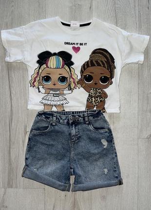 Джинсовые шорты mom next 8 лет и футболка lol2 фото