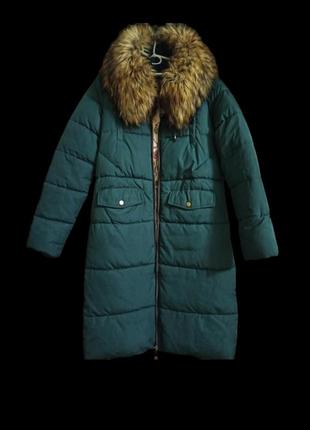 Зимове пальто куртка довгий пуховик на морози на синтепоні на зиму з хутром зелений темний