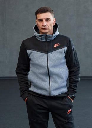 Чоловічий теплий спортивний костюм nike tech fleece на флісі чорний з сірим
