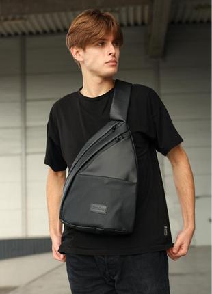 Мужская сумка через слинг плечо brooklyn черная с перфорацией экокожа4 фото