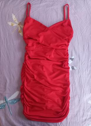 Красное мини платье в сборник / платье xxs-xs