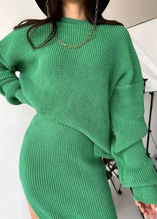 Костюм юбка и свитер, юбка теплая с разрезом зеленый цвет3 фото
