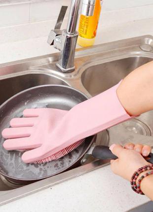 Силіконові рукавички magic silicone gloves pink для прибирання чистки миття посуду для будинку. xj-557 колір рожевий4 фото
