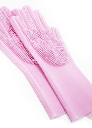 Силіконові рукавички magic silicone gloves pink для прибирання чистки миття посуду для будинку. xj-557 колір рожевий7 фото