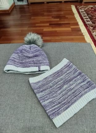 Красивый комплект шапка с бубоном снуд шерсть