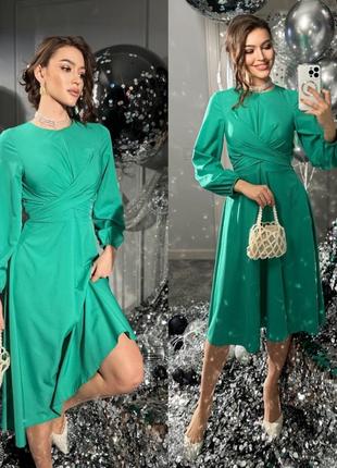 Платье ткань: евро-софт цвет: бордо,черный, крем, зеленый размеры: s, m, l, хл, 2хл описание: стильная меди-платье с цельнокроеными завязками на талии2 фото