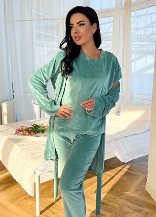 Домашний костюм тройка / домашний костюм с халатом / велюровый костюм с халатом