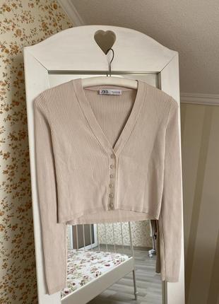 Стильна бежева нюдова блуза zara кардиган кофта блузка джемпер пуловер светр лонгслів в рубчик xs s3 фото