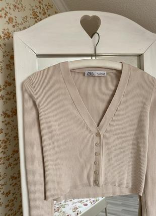 Стильна бежева нюдова блуза zara кардиган кофта блузка джемпер пуловер светр лонгслів в рубчик xs s4 фото