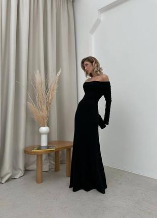 Сукня максі однонтонна на довгий рукав з відкритими плечима в'язана якісна стильна трендова чорна сіра10 фото