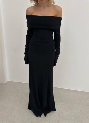 Сукня максі однонтонна на довгий рукав з відкритими плечима в'язана якісна стильна трендова чорна сіра9 фото