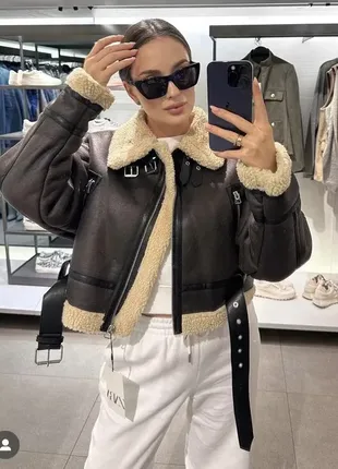 Оригинальн! трендовая дубленка/дублянка/авиатор кожанка zara mango