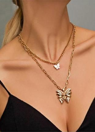 Ожерелье колье чокер цепочка многослойная золотистая с подвеской бабочки цепочка