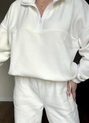 Костюм спортивний жіночий теплий на флісі оверсайз світшот на блискавці штани джогери на високій посадці якісний стильний молочний графітовий2 фото