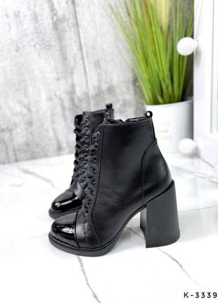 Натуральні шкіряні чорні демісезонні та зимові ботильйони - черевики на шнурівці на підборах4 фото