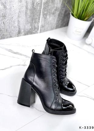 Натуральні шкіряні чорні демісезонні та зимові ботильйони - черевики на шнурівці на підборах2 фото