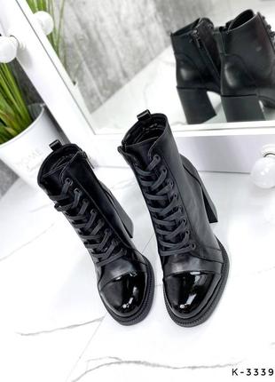 Натуральні шкіряні чорні демісезонні та зимові ботильйони - черевики на шнурівці на підборах3 фото