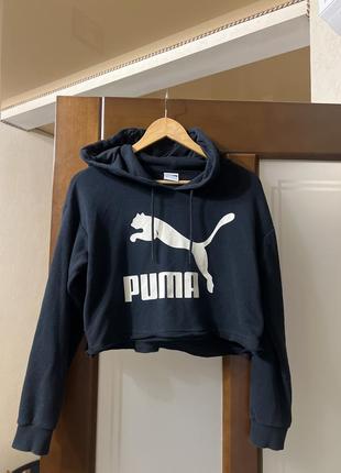 Худи укороченное puma оригинал бренд черное с логотипом бренд кофта спортивная с капюшоном2 фото