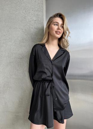 Костюм женский домашний шелковый оверсайз рубашка на пуговицах с карманом шорты на высокой посадке качественный черный2 фото