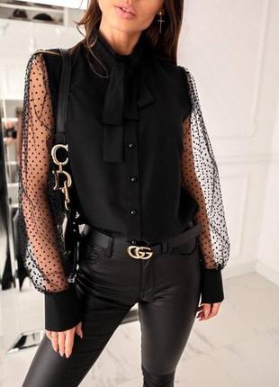 Блуза на пуговицах с бантом на шее свободная рукава сетка в горох блузка черная классическая трендовая стильная