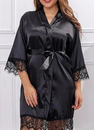 Чорний жіночий атласний халат  пеньюар з стрингами l/xl атласный халат l/xl р.