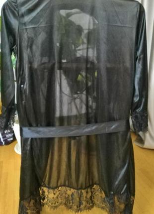 Черный женский атласный халат&nbsp; пеньюар с стрингами l/xl атласный халат l/xl р.6 фото
