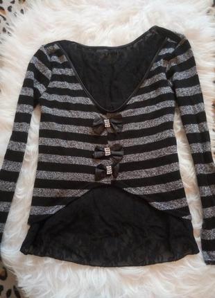 Черная кофта со вставками гипюра в серую полосу ажурная спина джемпер реглан свитер2 фото