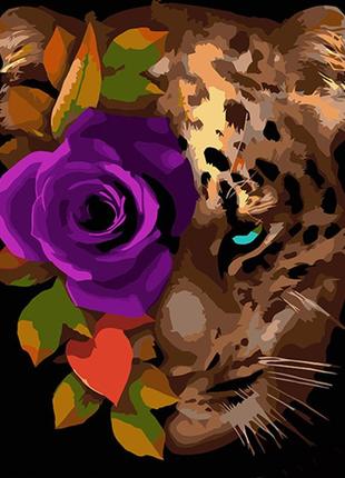 Картина за номерами strateg преміум леопард з трояндою на чорному фоні розміром 40х50 см (ah1002)