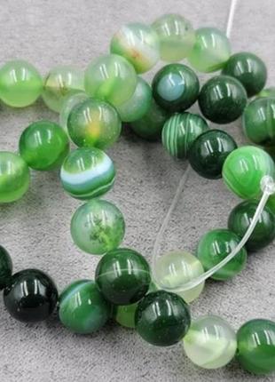 Бусины на нитке натуральный камень агат зеленый полосатый гладкий шарик d=8 мм