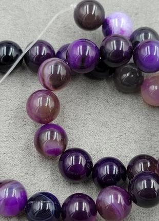 Намистины на нитке натуральный камень агат фиолетовый глянцевый гладкий шарик d=10мм l-38см(+-)