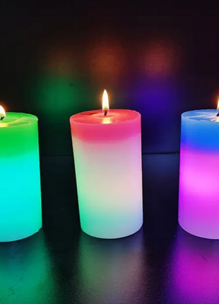 Декоративна воскова свічка з ефектом полум'ям та led підсвічуванням candles magic 7 кольорів rgb2 фото