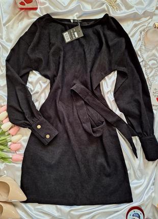 Черное вельветовое платье с поясом с длинным рукавом весна осень зима8 фото