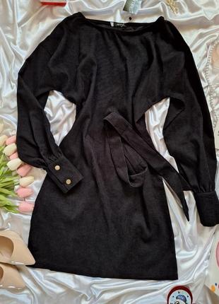 Черное вельветовое платье с поясом с длинным рукавом весна осень зима